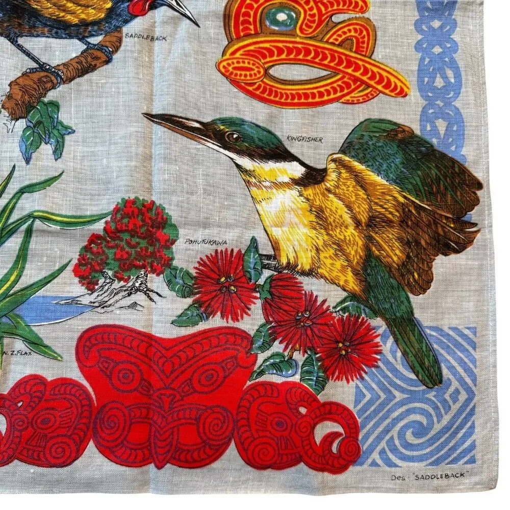 VTG Unused New Zealand Linen‎ Tea Towel Birds Flowers Map Design Souvenir Retro